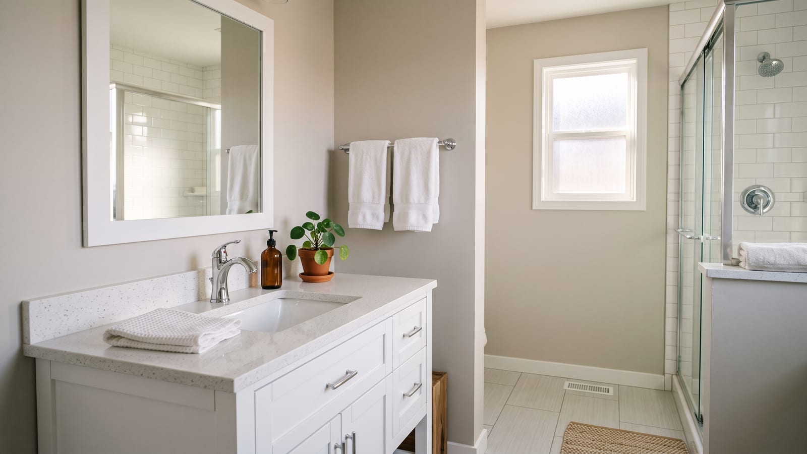 A stone basin in a freshly cleaned bathroom