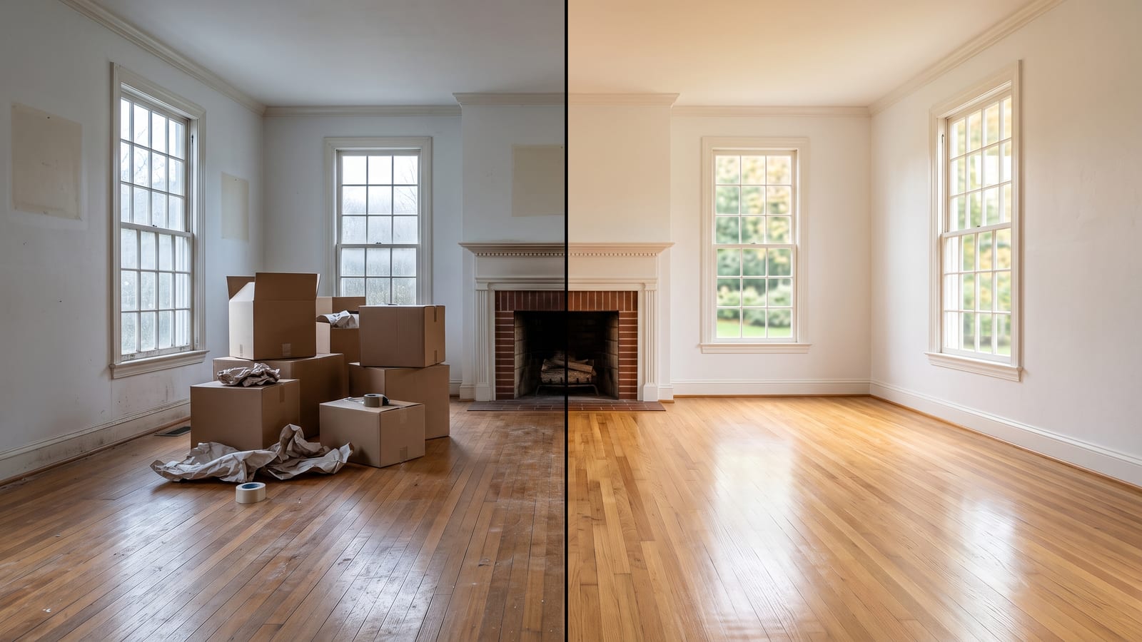 Illustration: split view of an empty living room, moving boxes and packing paper on the left and cleaned, polished floors on the right