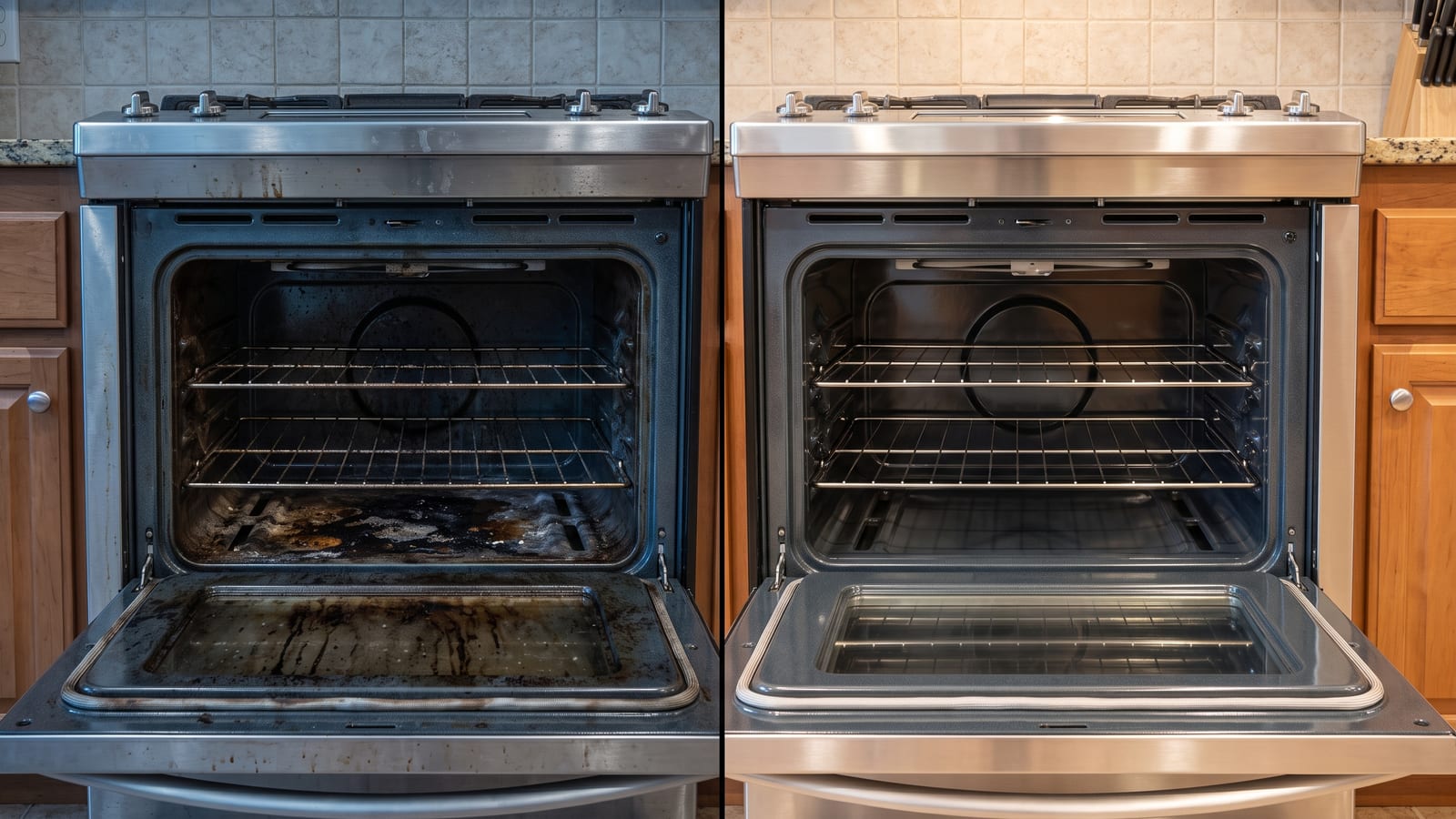 Illustration: split view of an open oven, baked-on grease inside on the left and spotless racks and glass on the right