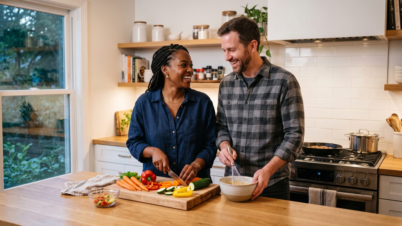A couple cooking together in a clean kitchen