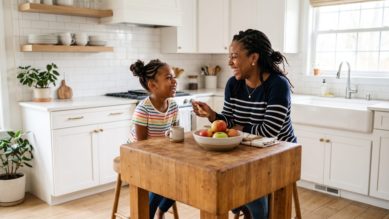 A family at home in a freshly cleaned kitchen