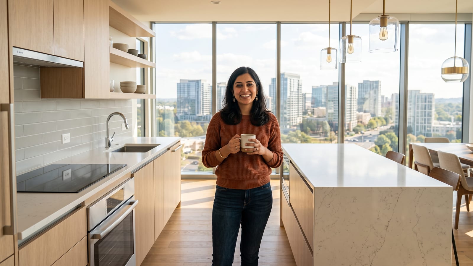 A kitchen with a view over the city